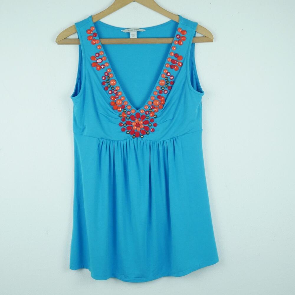 Boston Proper Small Top Babydoll Beaded Resort Vacation‎ Tropical Embellished
